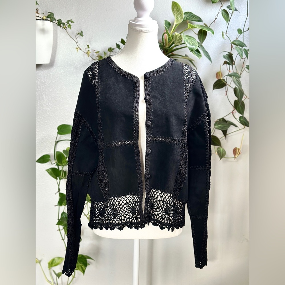 Vintage Black Suede Crochet Trim Cropped Jacket